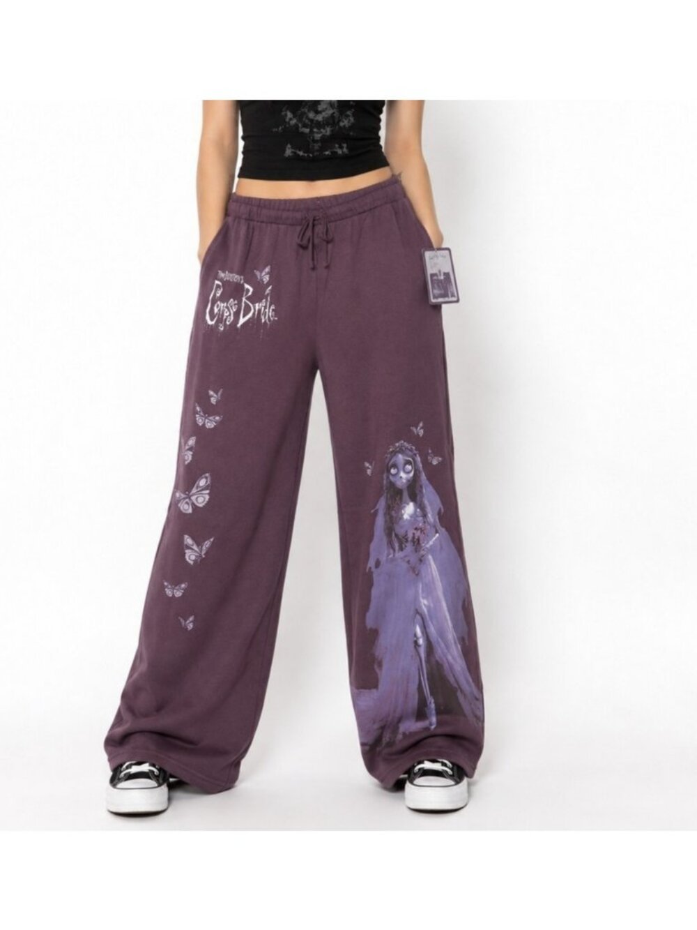 Tim Burton Corpse Bride Emily Wide Leg Sweatpants Womens L Gothic Purple NWT